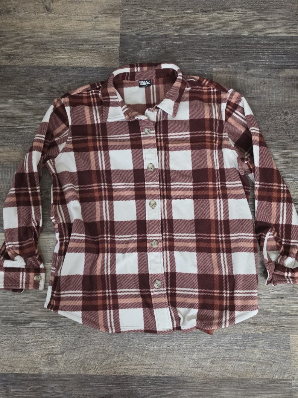 Eddie Bauer Burgundy and Cream Microfleese Plaid Button-Down Shirt